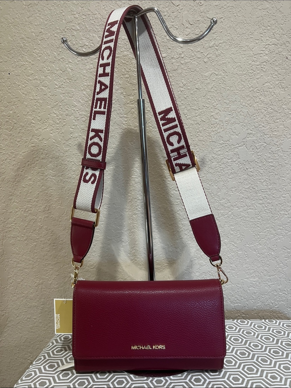 Michael Kors Wine Leather Crossbody with Logo Canvas Strap